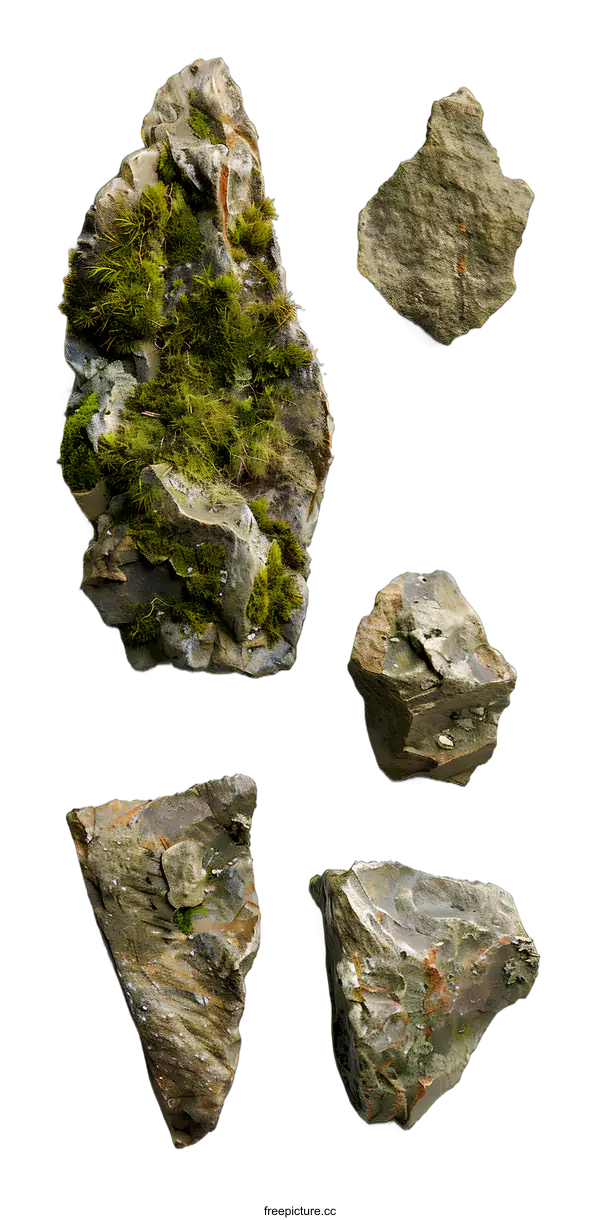 [Transparent Background PNG]Closeup of Five Different Shaped Stones with Moss