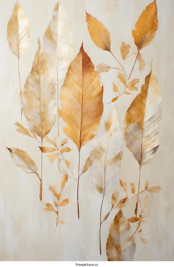 Gilded Pressed Leaves on a Beige Background