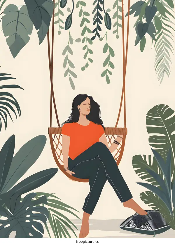 Woman Sitting in a Hanging Chair Surrounded by Lush Green Foliage