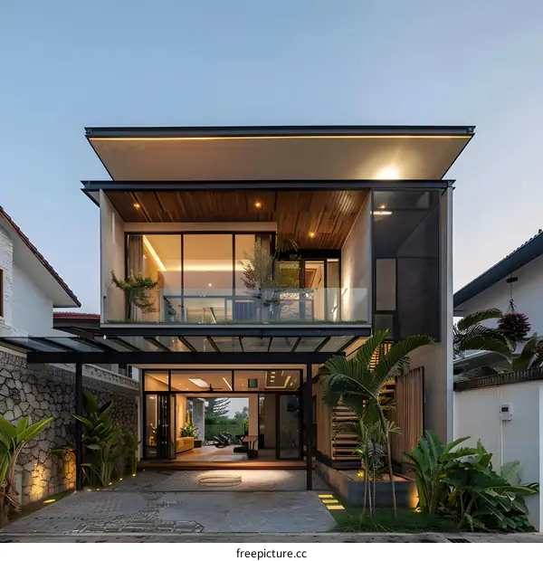 Modern Two Storey House with Glass Balcony and Green Plants