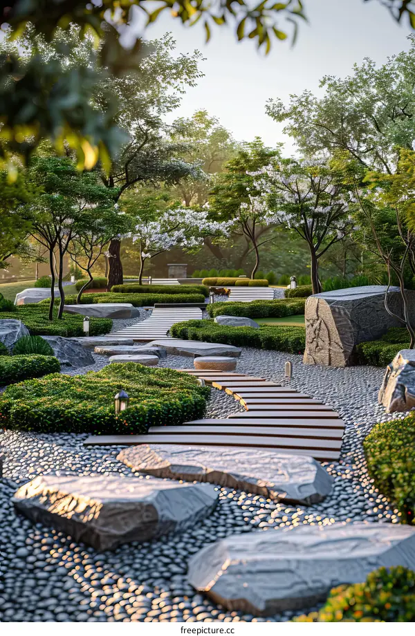japanese garden with stone path and trees