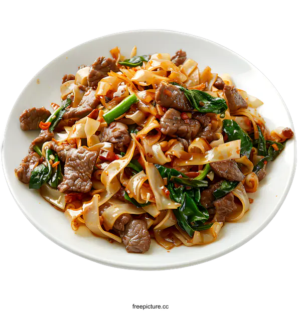 [Transparent Background PNG]Stir fried flat rice noodles with beef and vegetables