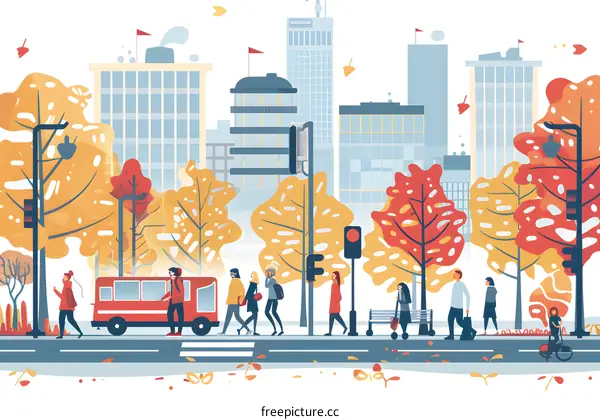 Autumn City Street with People Walking and Bus