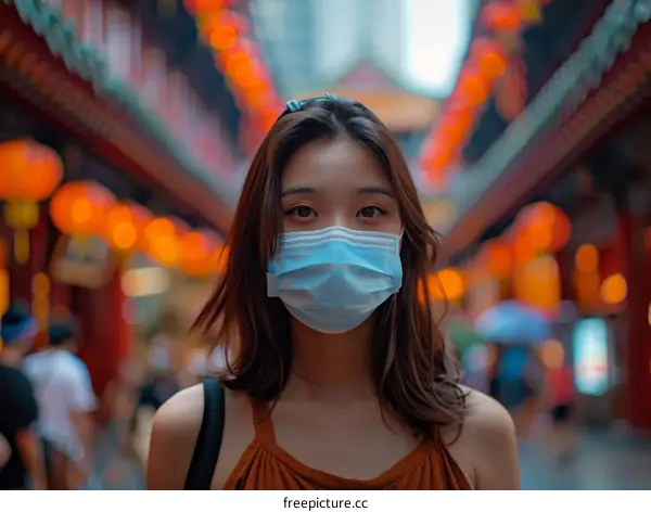 Portrait of a young woman wearing a mask in a busy Asian street