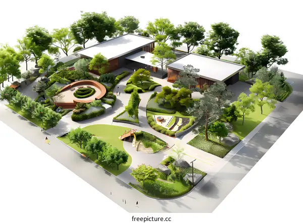 Modern Landscape Design with Buildings and Trees