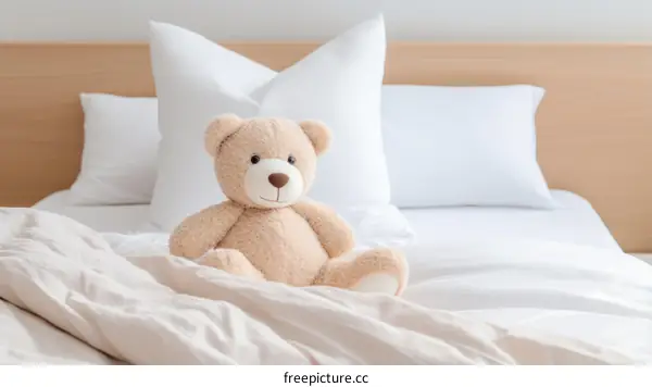A cute teddy bear sitting on a bed with white pillows and a white blanket