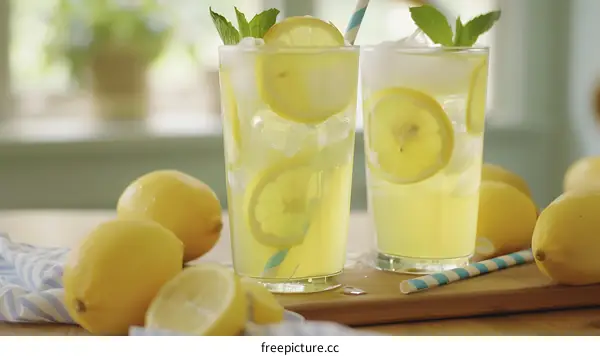 Two Glasses Of Lemonade With Lemons And Mint