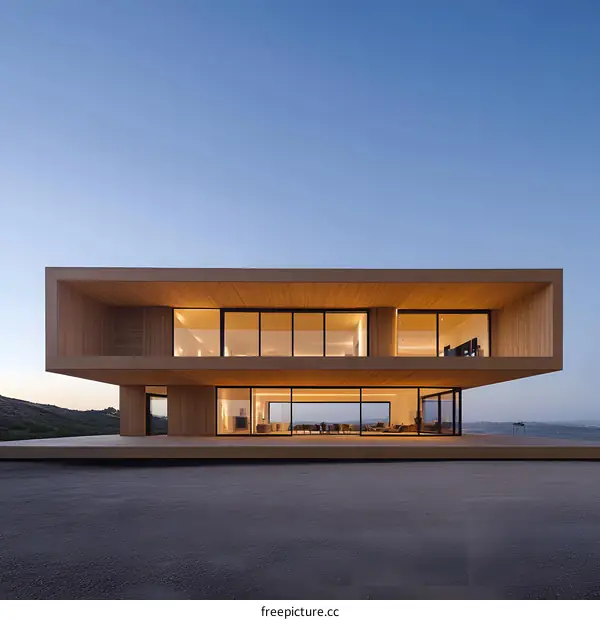 Modern Wooden House with Large Windows Overlooking a Desert Landscape