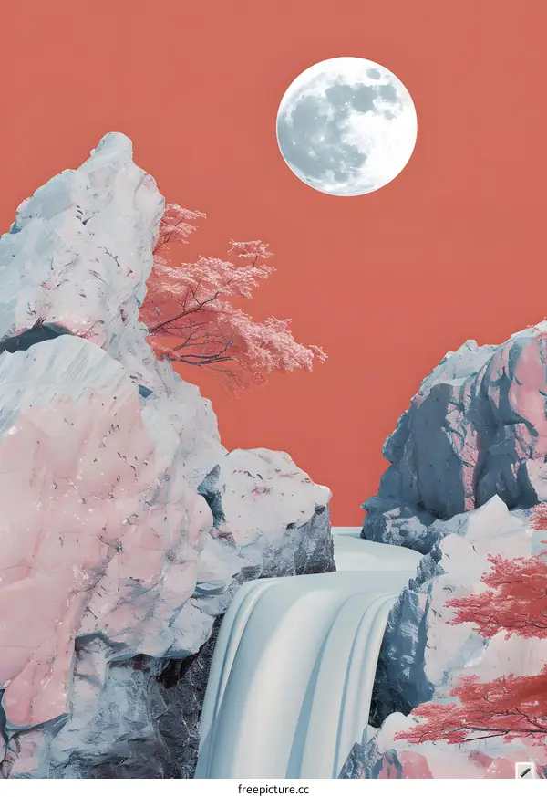 Waterfall and Moon Landscape Collage Art