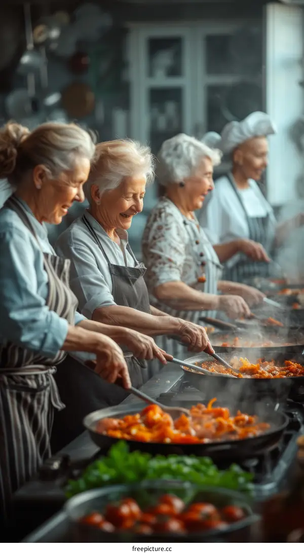 Four elderly Caucasian women cooking in a commercial kitchen