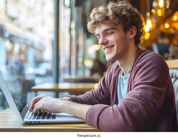 Young Man Working on Laptop in Cafe