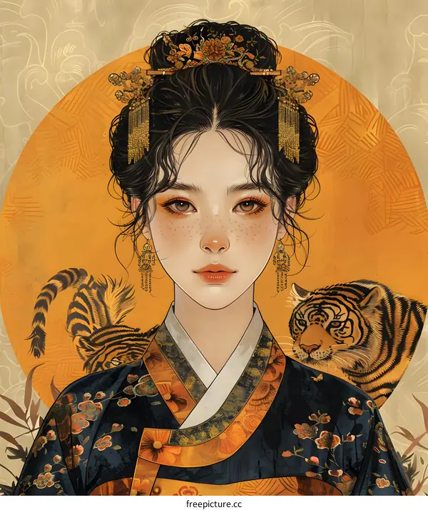 A digital painting of a young woman in a traditional Korean hanbok with a tiger.