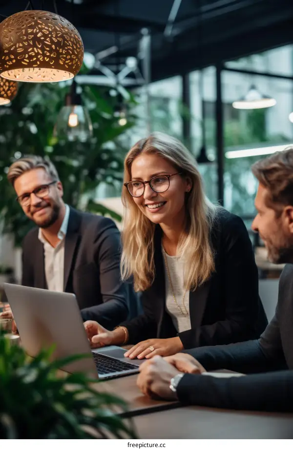 Three business people discussing ideas in a modern office