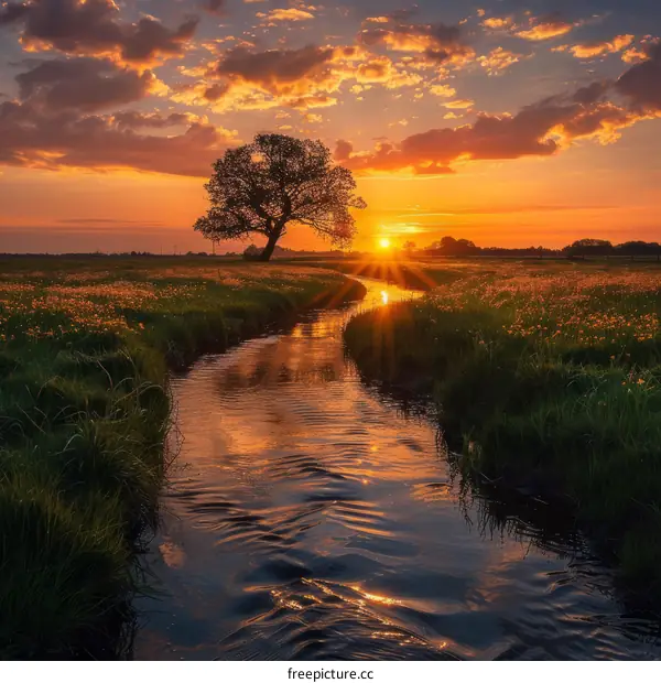 A beautiful sunset over a river in a field of flowers