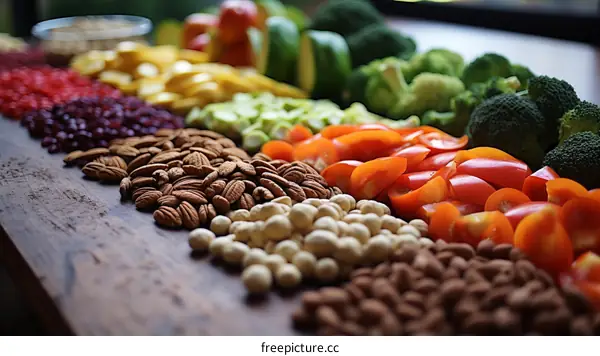 Colorful Arrangement of Vegetables and Nuts on Wooden Table