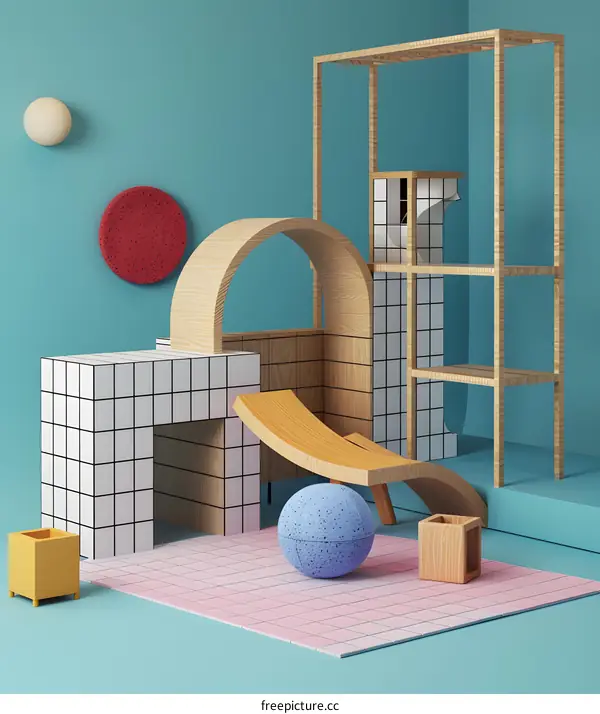 Abstract Geometric Shapes and Minimalist Wooden Structures in a Blue and Pink Background