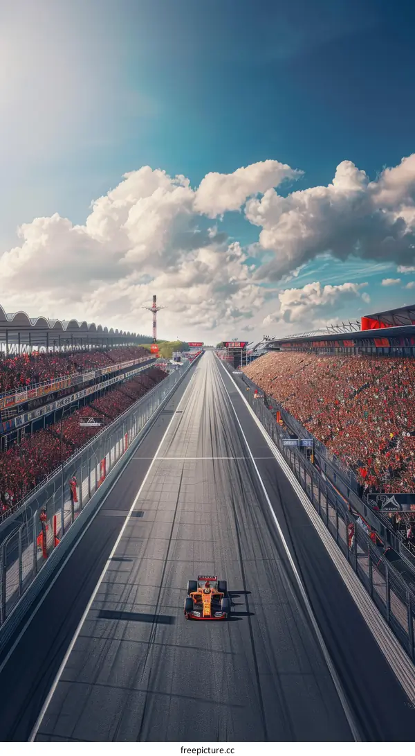 Formula One car racing down a track with a large crowd in the stands