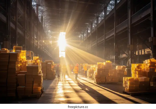 Stacks of Cardboard Boxes in a Large Warehouse with Workers