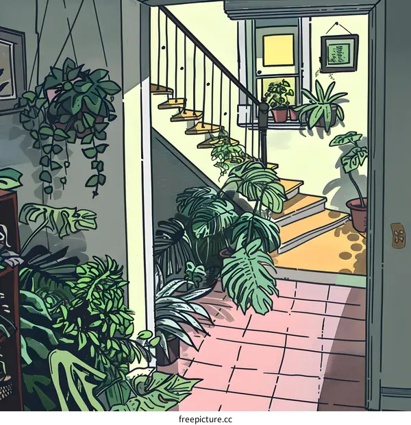 Green Plants and Stairs in a House Illustration