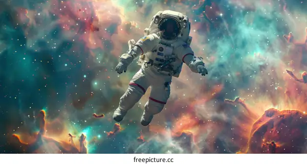 Astronaut in a Spacesuit, Floating in a Colorful Nebula with Stars