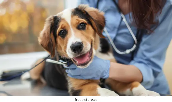 Close-up of a veterinarian examining a small mixed-breed dog