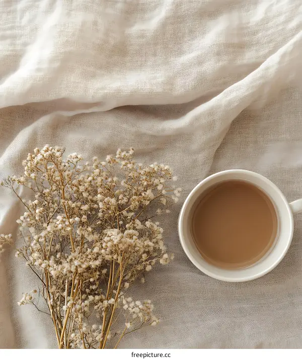 Beige Fabric with Dried Flowers and Cup of Tea
