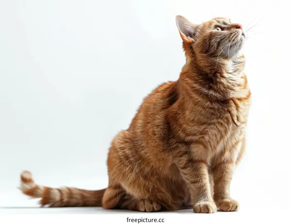 A ginger cat is sitting on a white table looking up