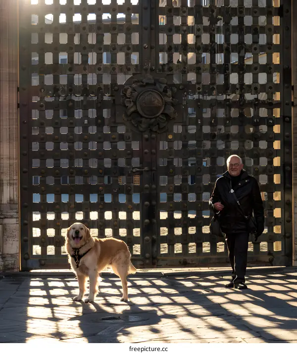 Man Walking with Dog in Front of Gate