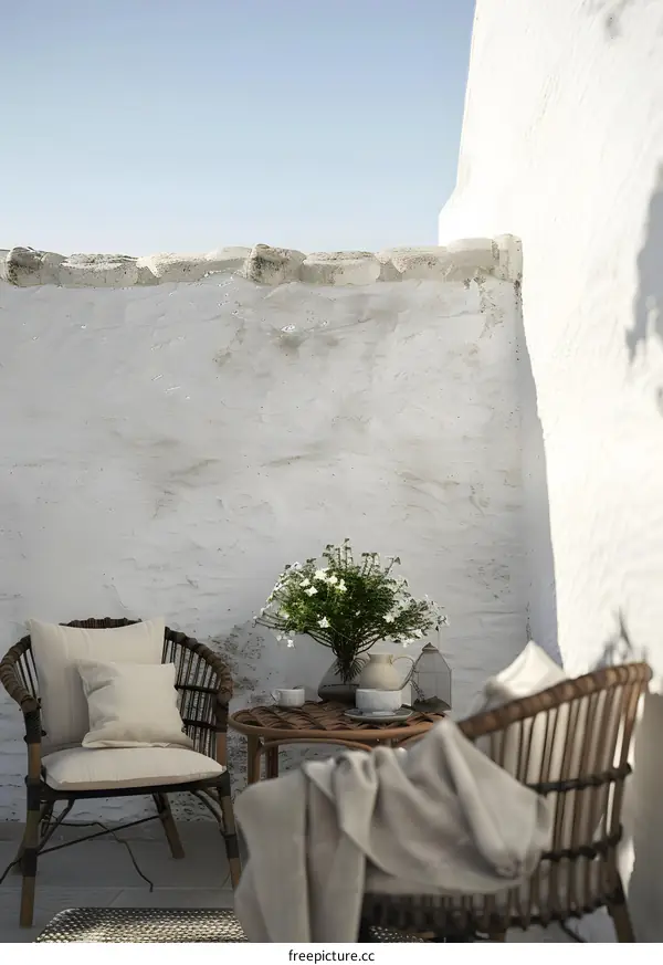 White Wall Patio with Wicker Chairs and Flowers