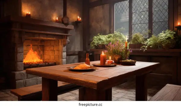 Medieval Tavern Interior with Fireplace and Wooden Table
