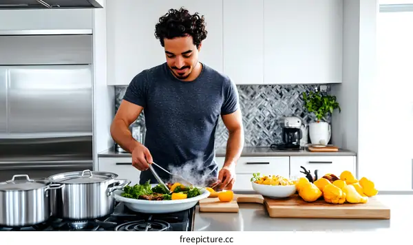 Man Cooking in Modern Kitchen with Steaming Food