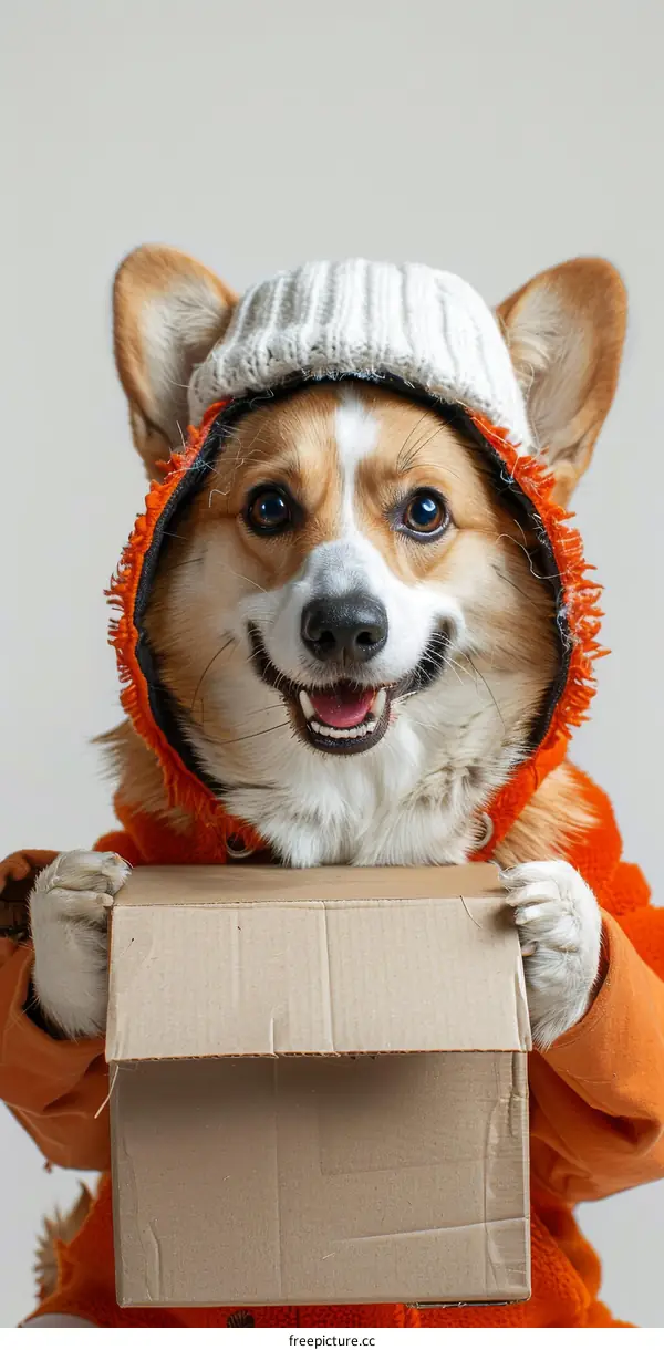 A cute corgi wearing a beanie and holding a box