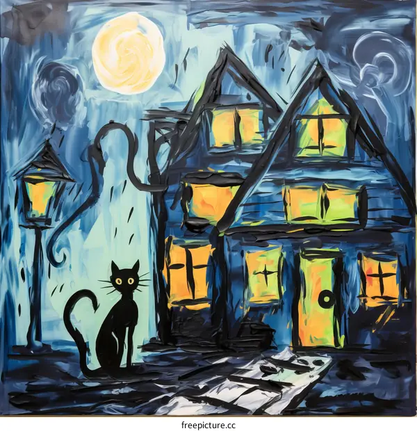Black Cat in a Haunted House on a Stormy Night