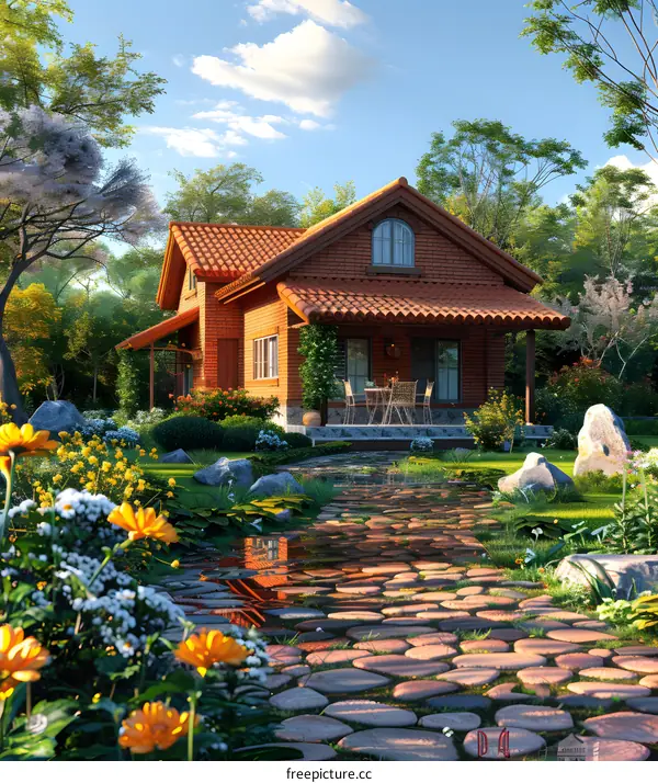Brick Cottage in the Woods with Stone Path and Flowers