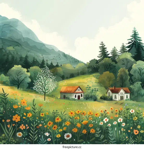 Tranquil Countryside Landscape with Two Cottages