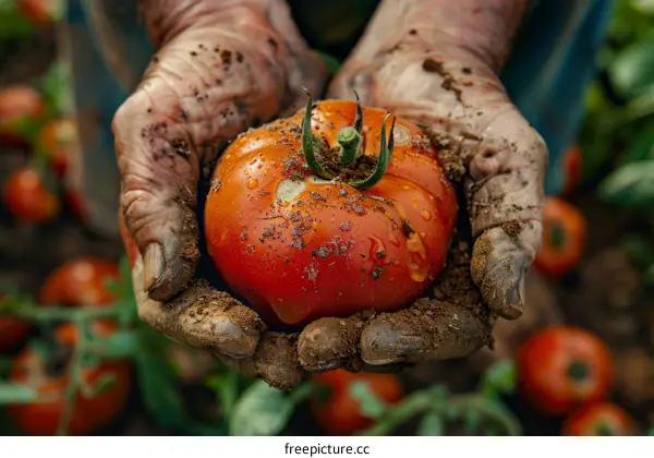 A farmer's hands holding a tomato