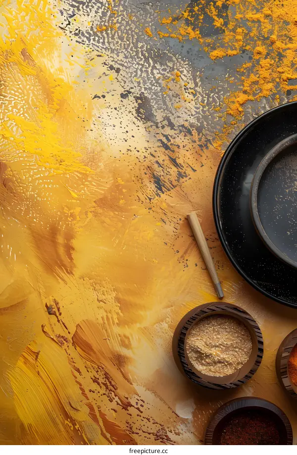 Yellow Background with Various Spices and Wooden Bowls