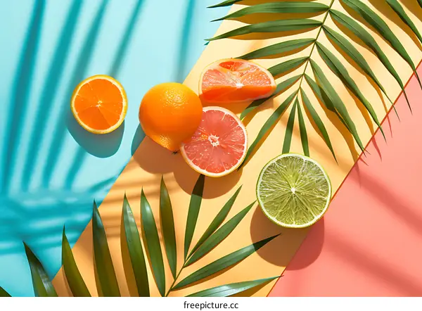 Summer Fruit Flat Lay With Palm Leaves