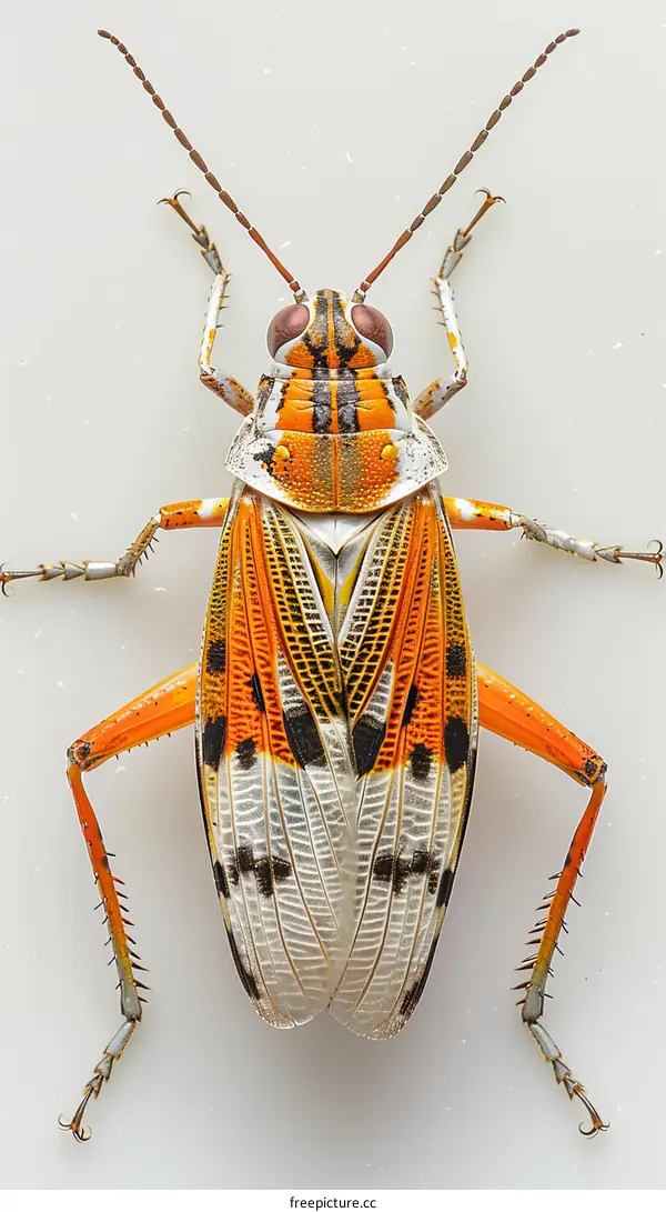 A colorful katydid on a white background