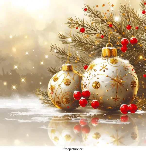 Christmas ornaments with red berries and pine branches