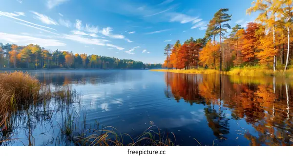 The colorful forest and lake in autumn
