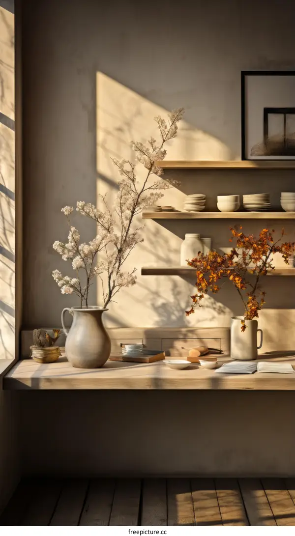Minimalist Still Life with White Flowers in Vase on Wood Table