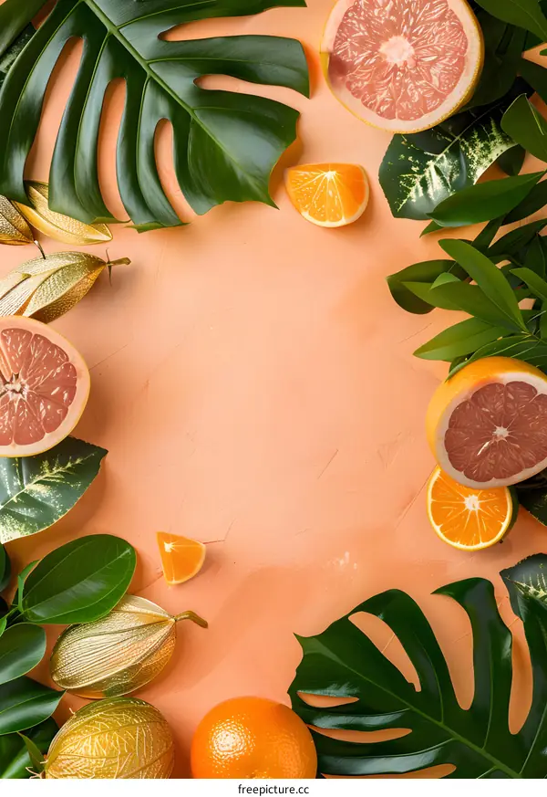 Tropical Fruits and Leaves Summer Background