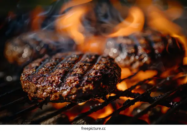 Beef patties are grilled on a flaming barbecue