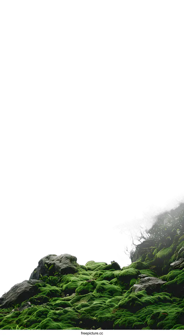 [Transparent Background PNG]Green Moss Covered Rocks in Misty Landscape