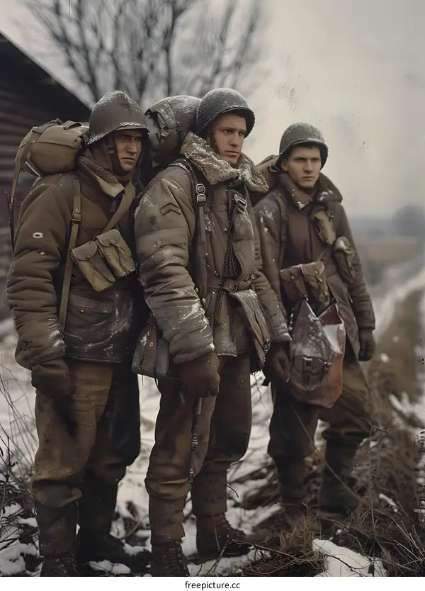 Three American soldiers in winter gear during World War II