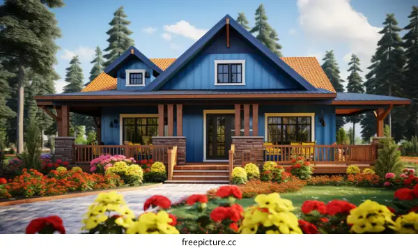 Blue Wooden Cottage with Garden and Porch
