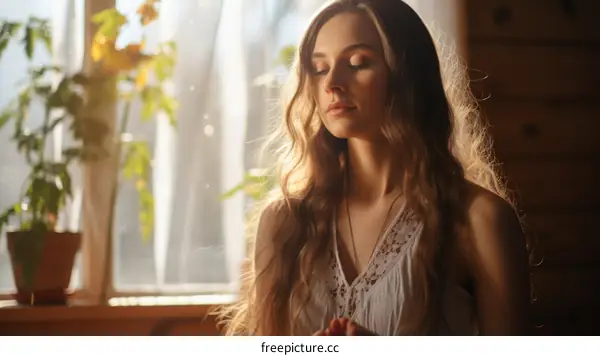 Young woman with long blond hair and closed eyes in prayer pose with sunlight streaming through window