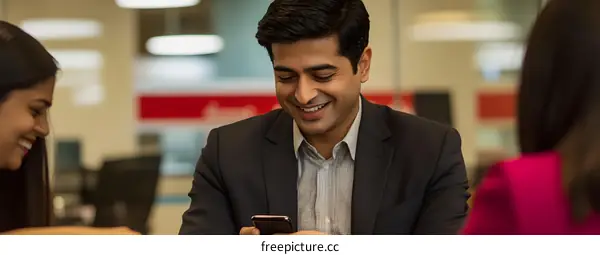 Smiling Man in Suit Looking at Phone in Office