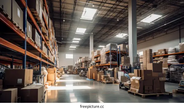 High-Rise Warehouse Shelves Packed with Cardboard Boxes